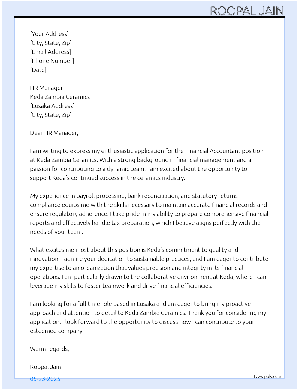 Financial Accountant At Keda Zambia Ceramics Cover Letter