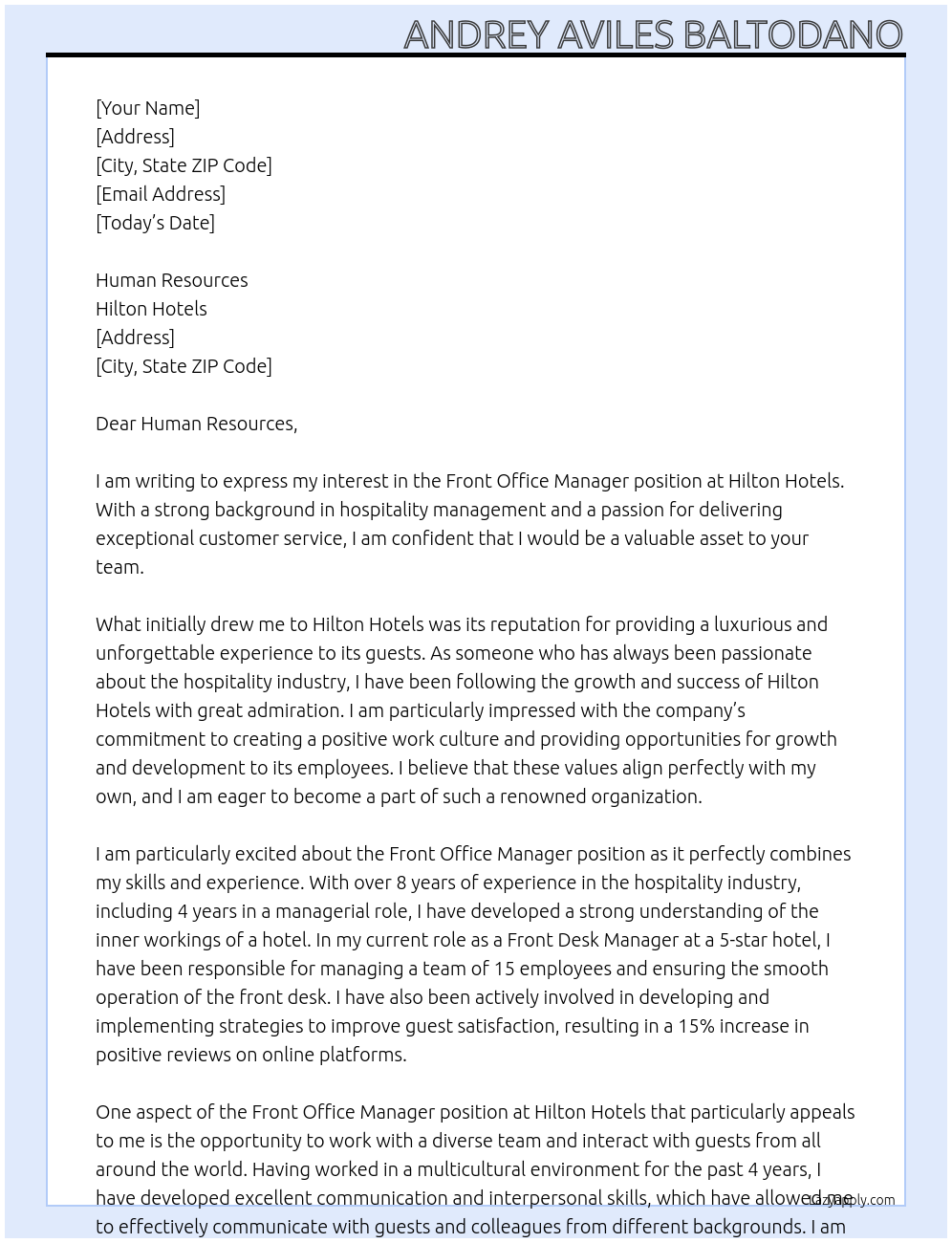 Front Office Manager At Hilton Hotels Cover Letter