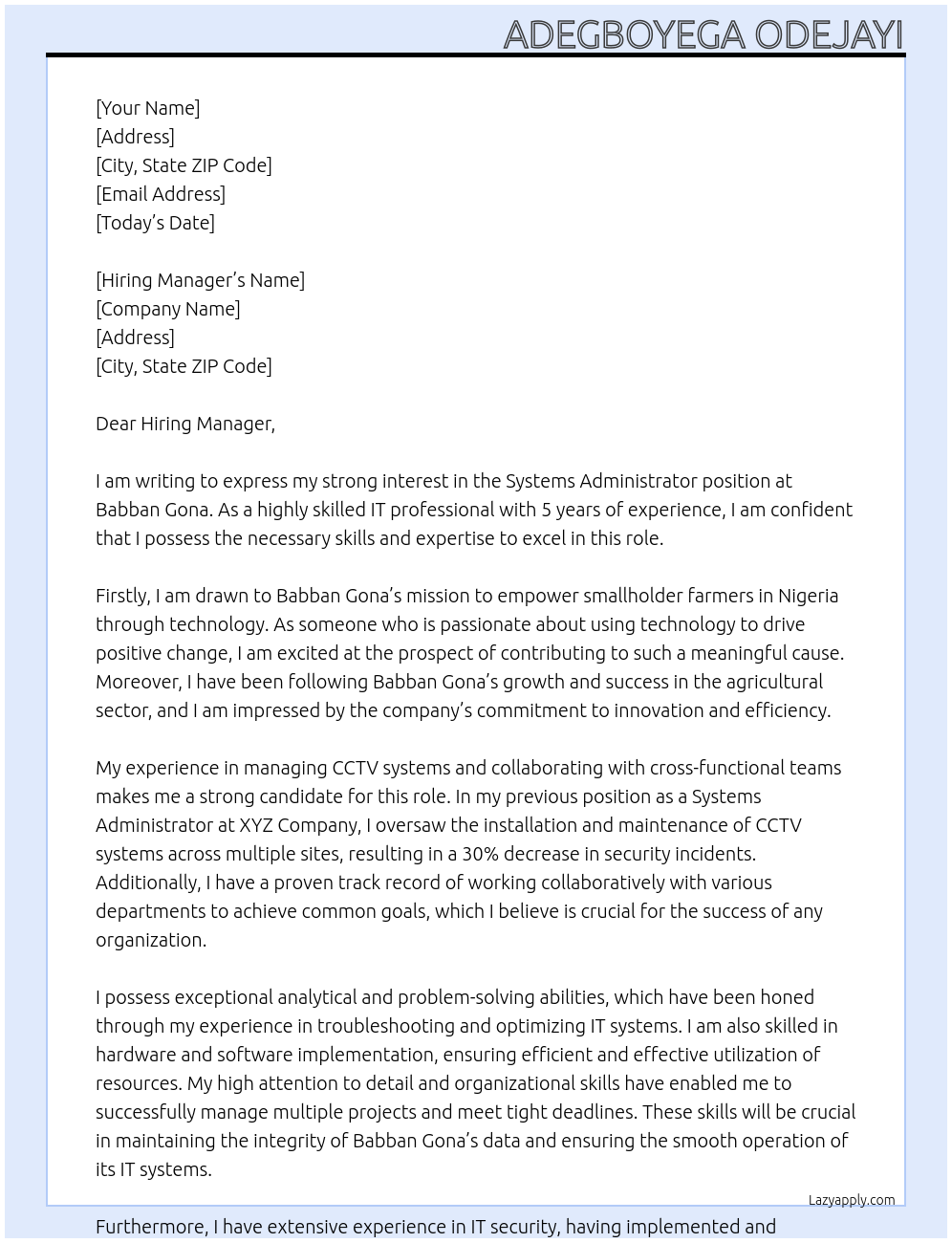 Systems Administrator At Babban Gona Cover Letter