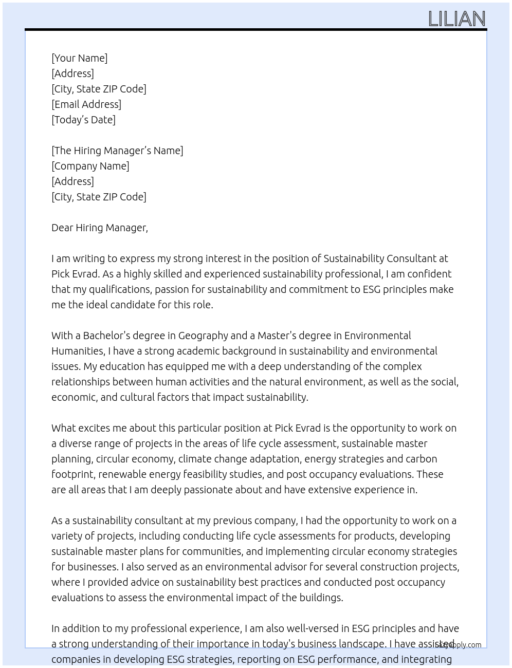 Sustainability consultant  At Pick evrad Cover Letter