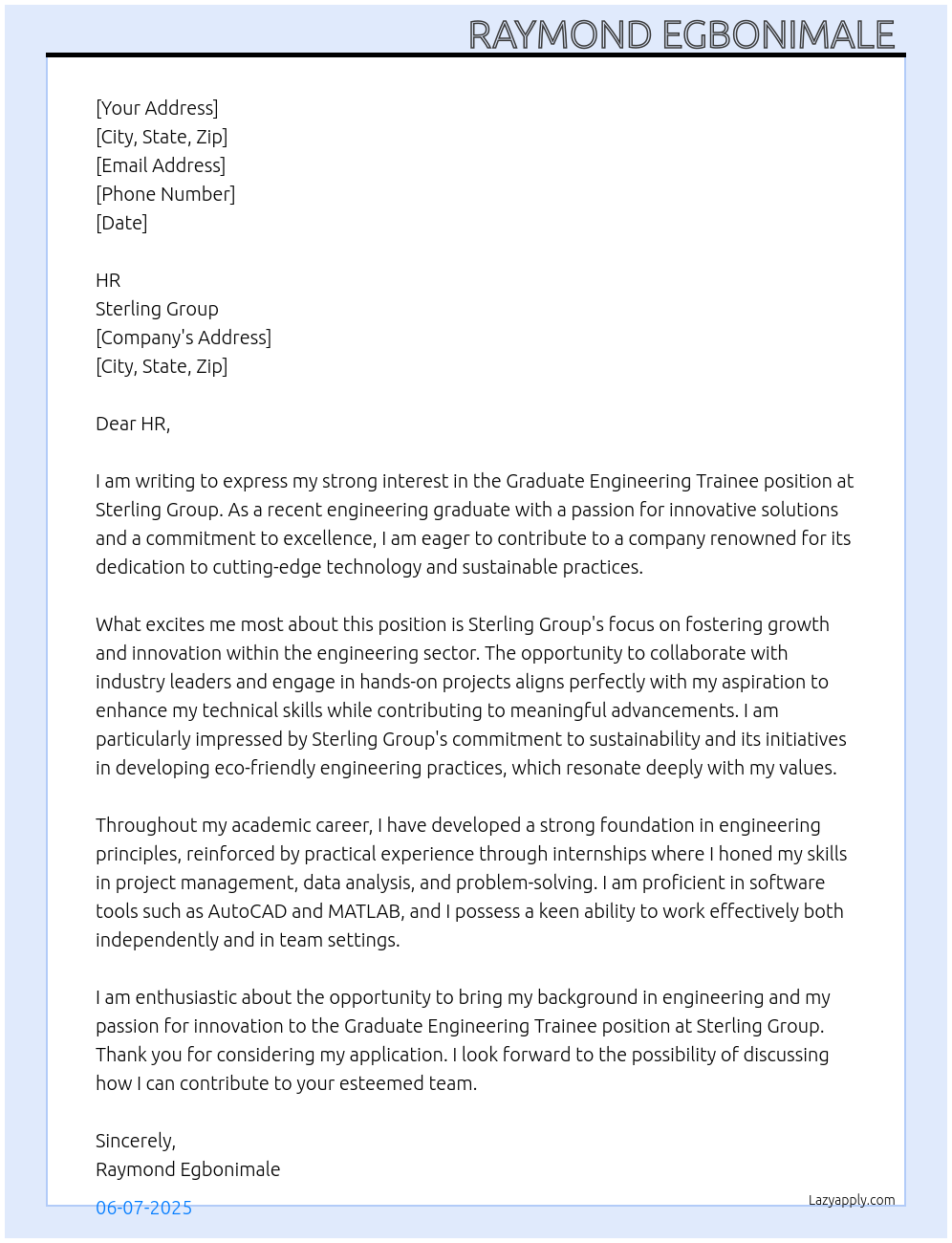 Cover letter for graduate engineering trainee - LazyApply