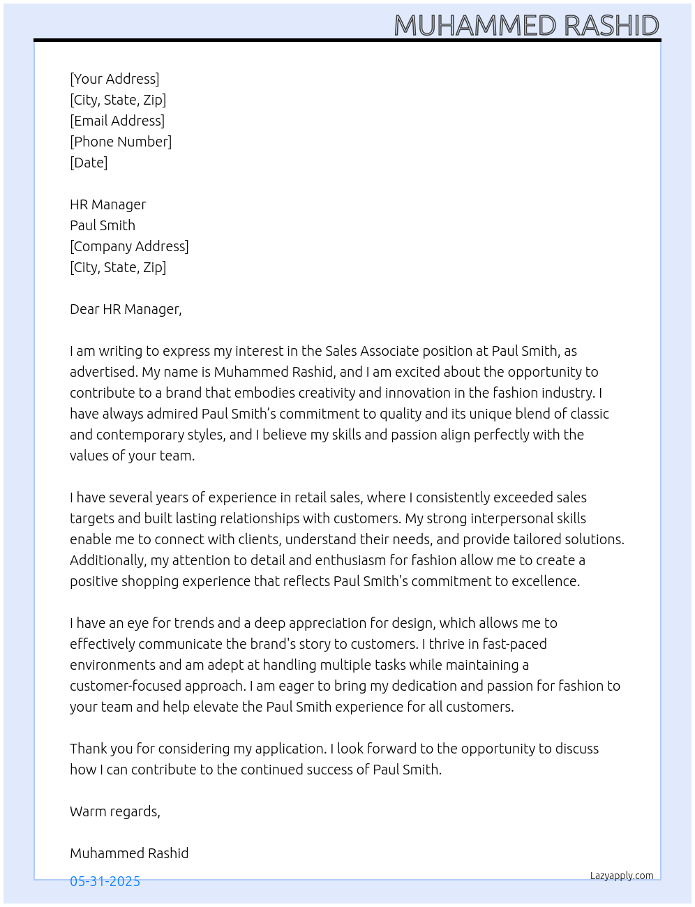 Sales Associate At Paul Smith Cover Letter