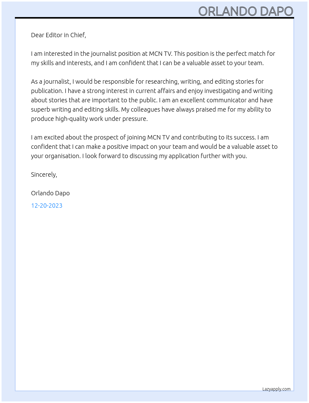 Journalist At MCN TV Cover Letter