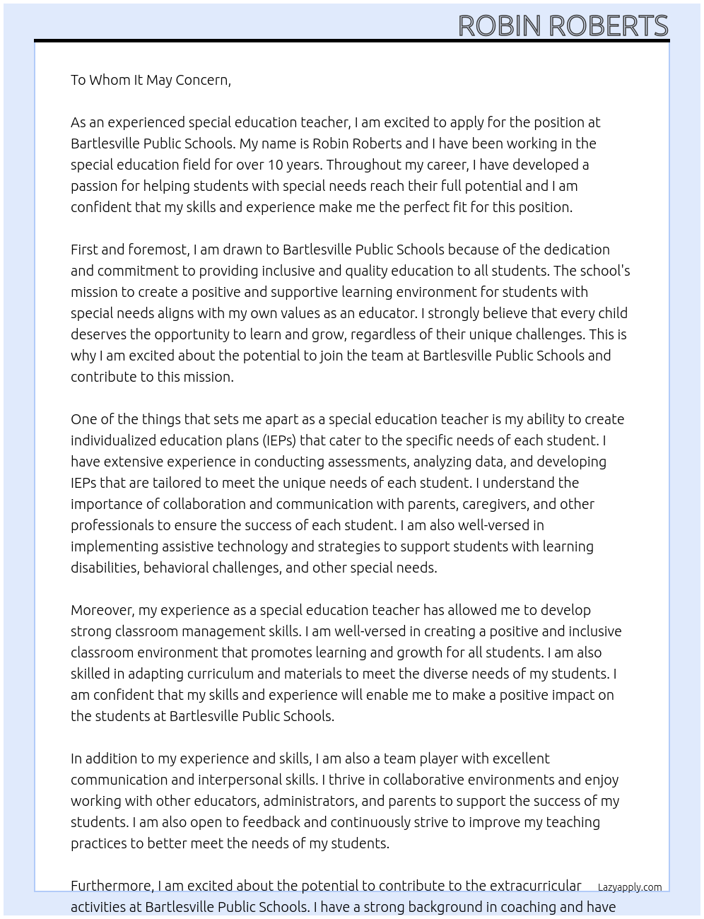 special education teacher At Bartlesville Public Schools Cover Letter