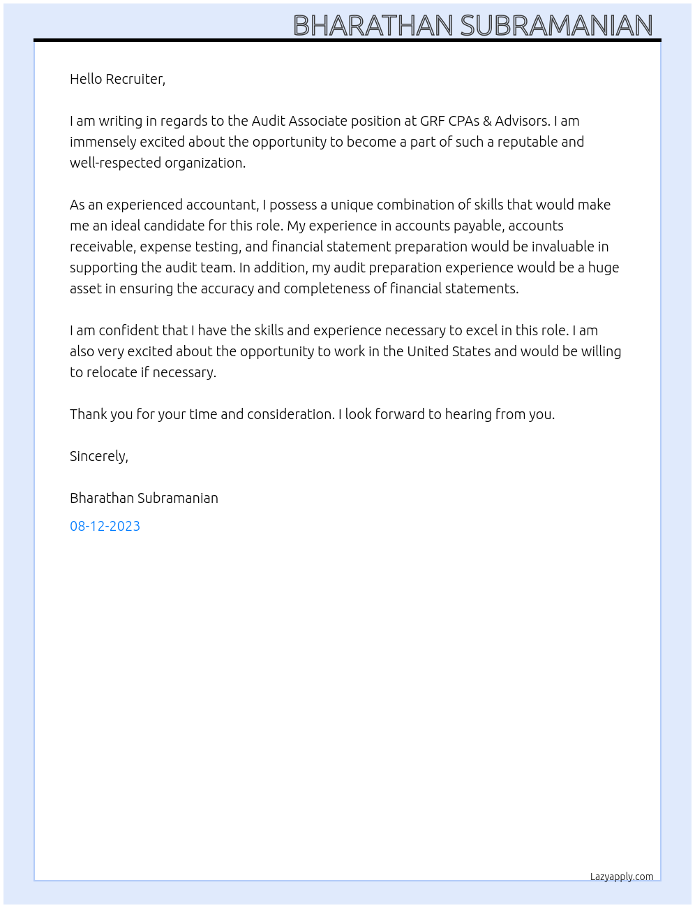 Audit Associate At GRF CPAs & Advisors Cover Letter