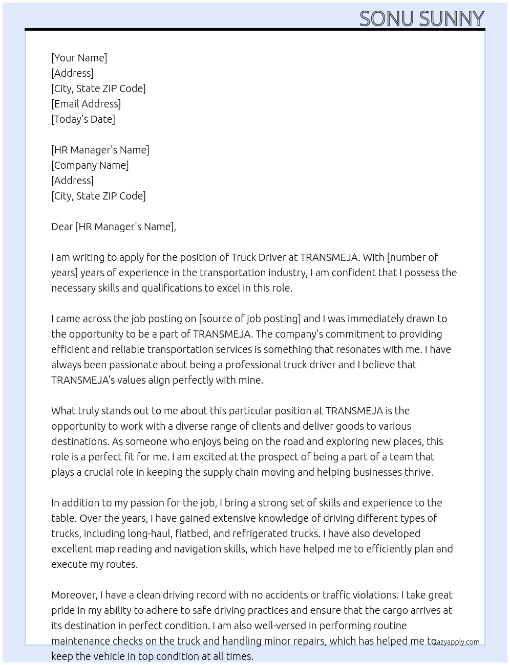 Truck driver At TRANSMEJA Cover Letter