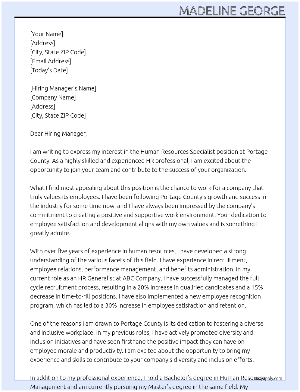 Human Resources specialist At Portage County Cover Letter