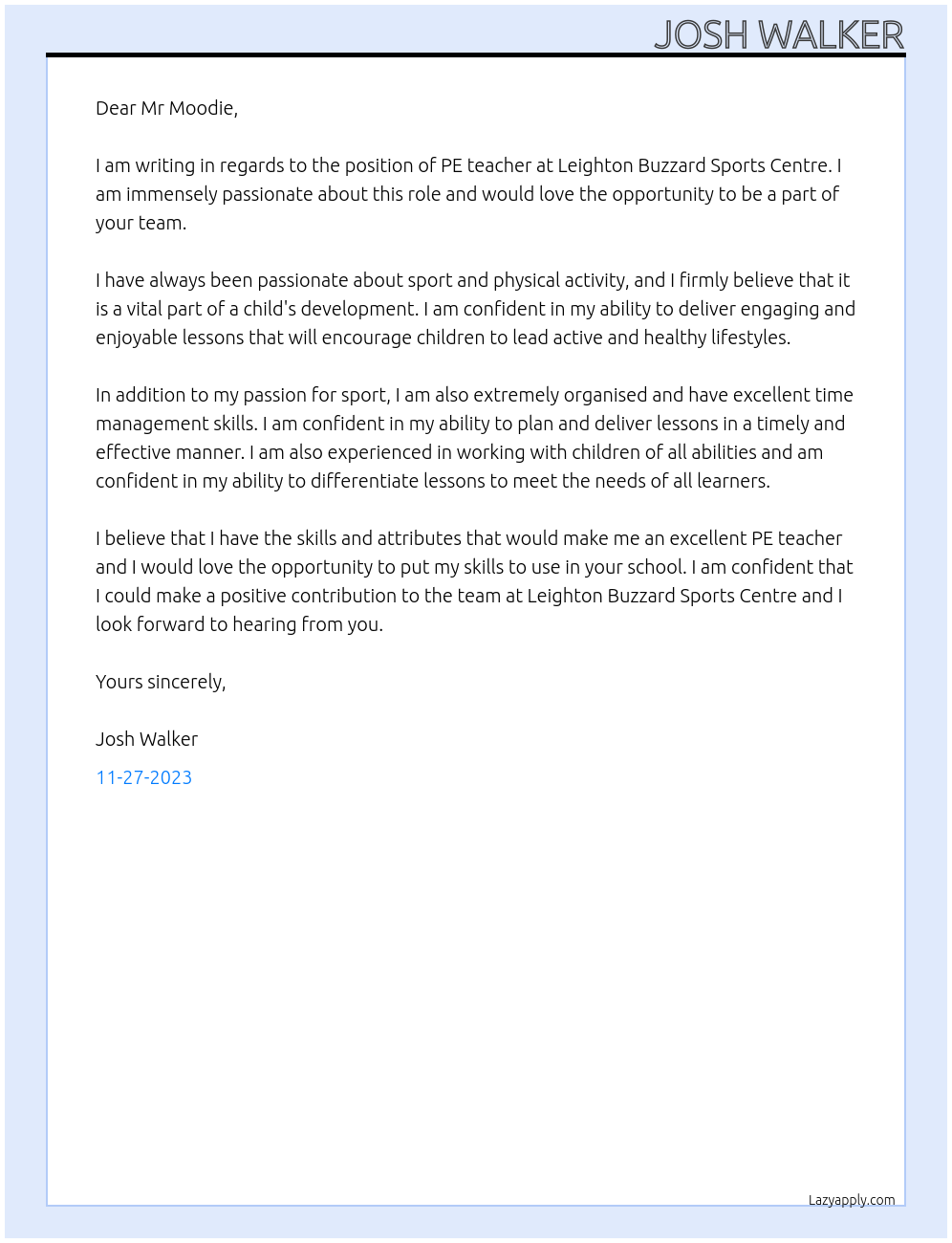 PE teacher At Leighton Buzzard Sports Centre Cover Letter