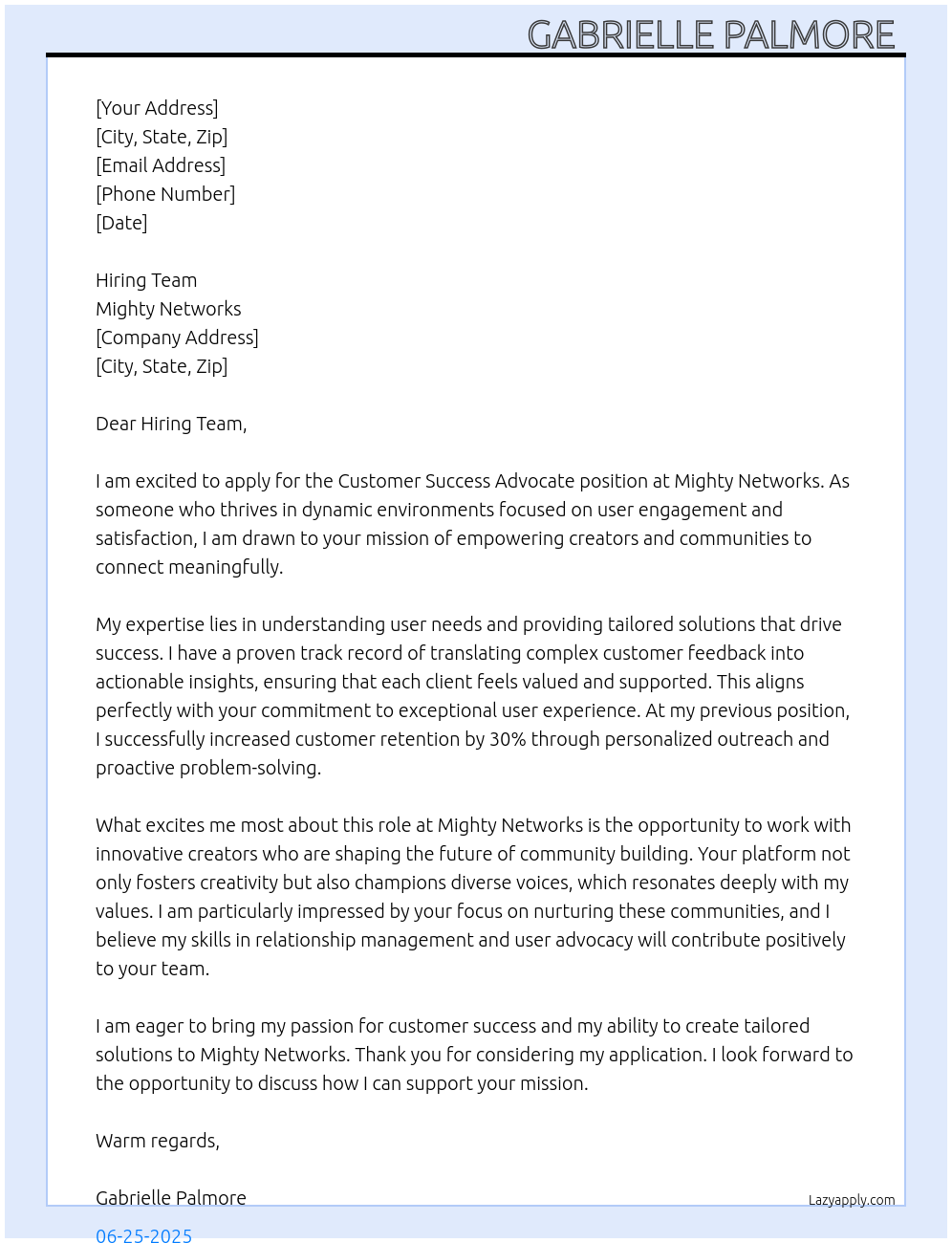 Cover letter for customer success advocate - LazyApply