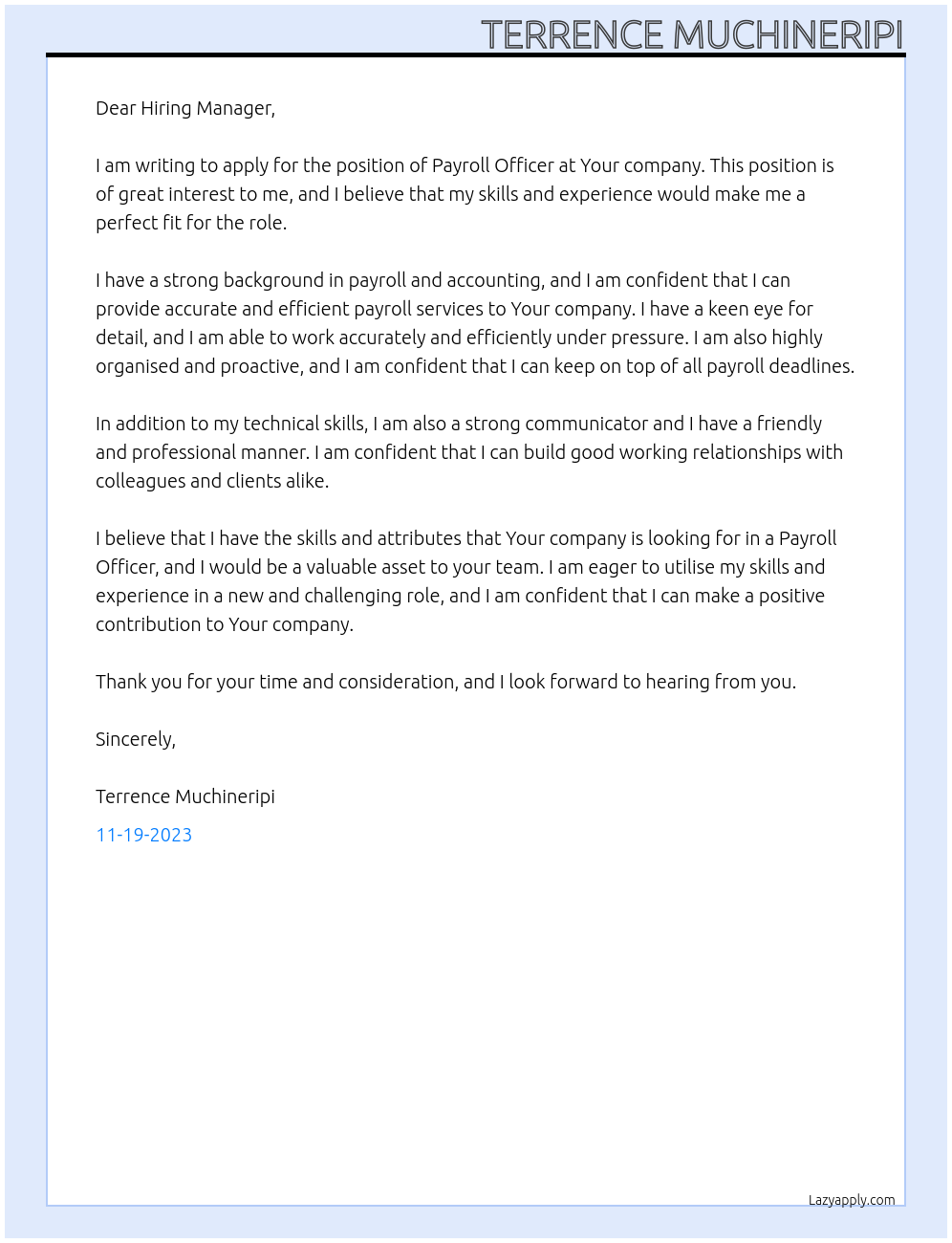 Payroll Officer At Your company Cover Letter