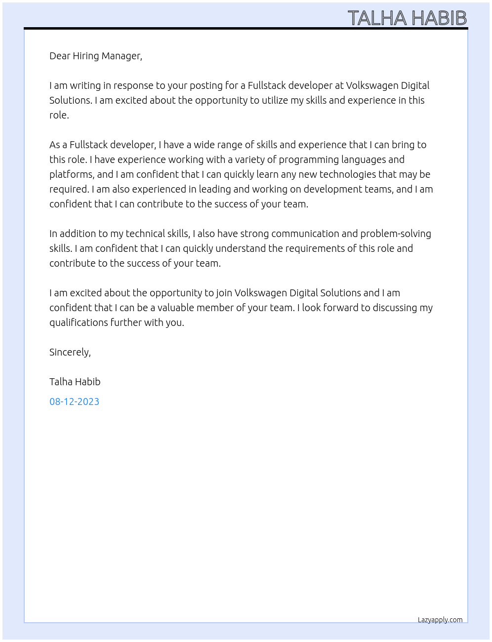 Fullstack developer At Volkswagen Digital Solutions Cover Letter