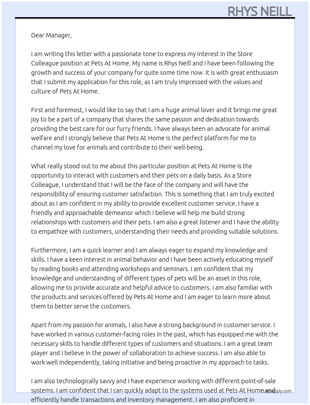 Store Colleague At Pets At Home  Cover Letter