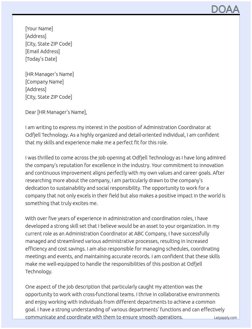 Administration Coordinator At Odfjell Technology Cover Letter