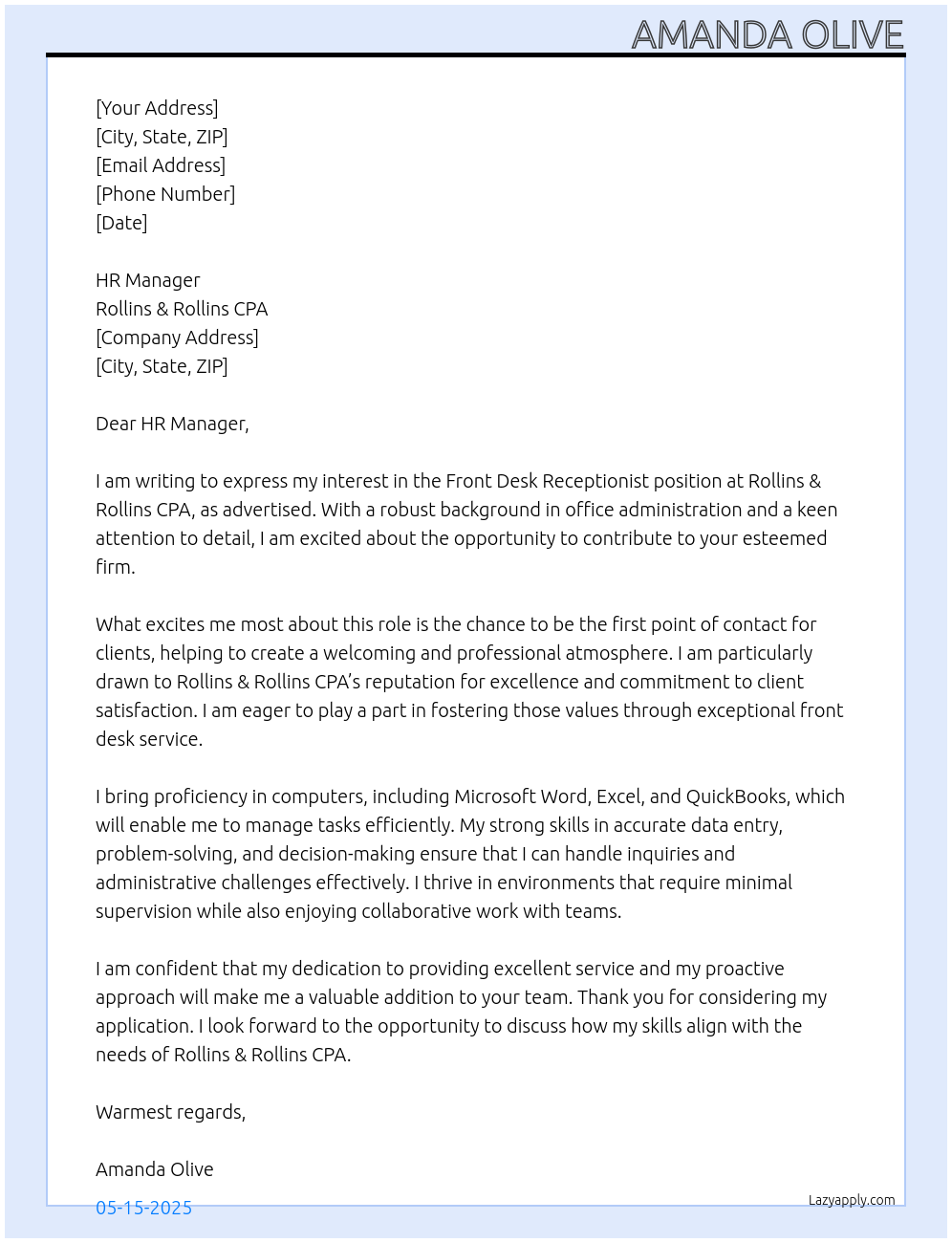Front Desk Receptionist At Rollins & Rollins CPA Cover Letter