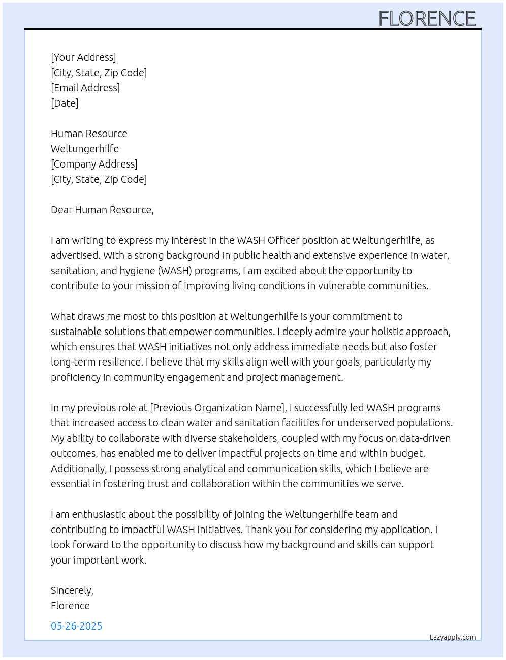 WASH Officer At Weltungerhilfe Cover Letter