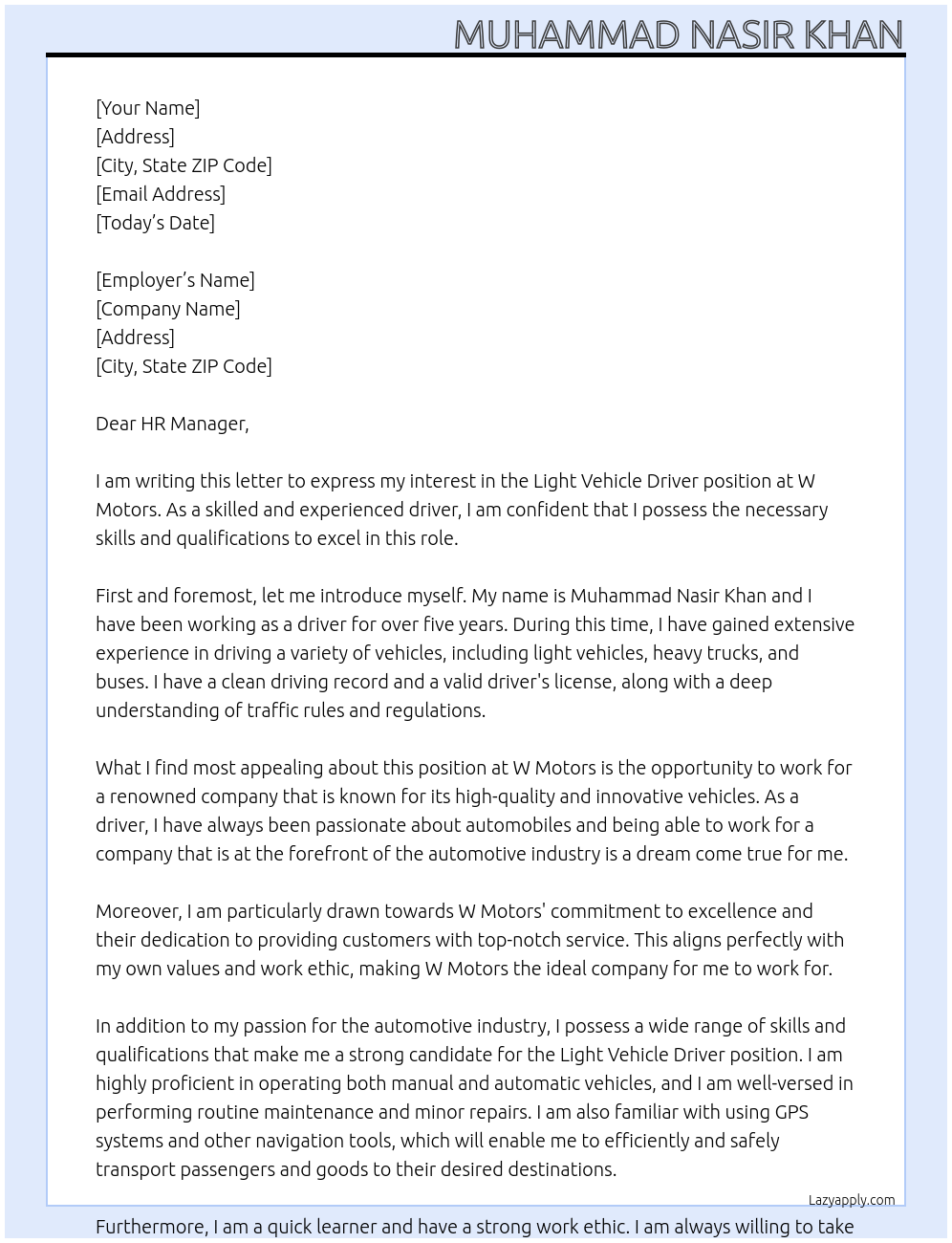 Light Vehicle Driver At W Motors Cover Letter