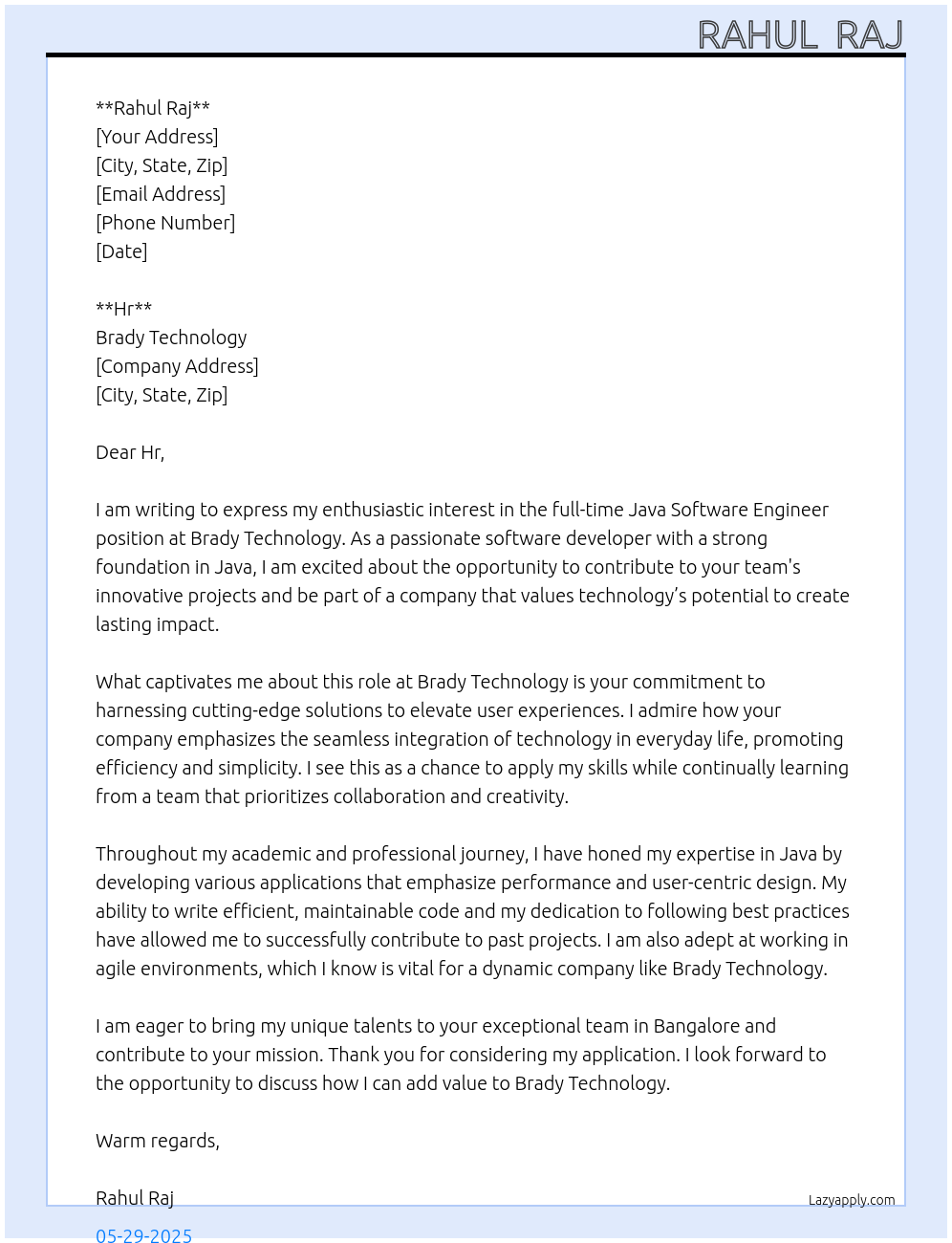 Cover letter for software engineer - java - LazyApply