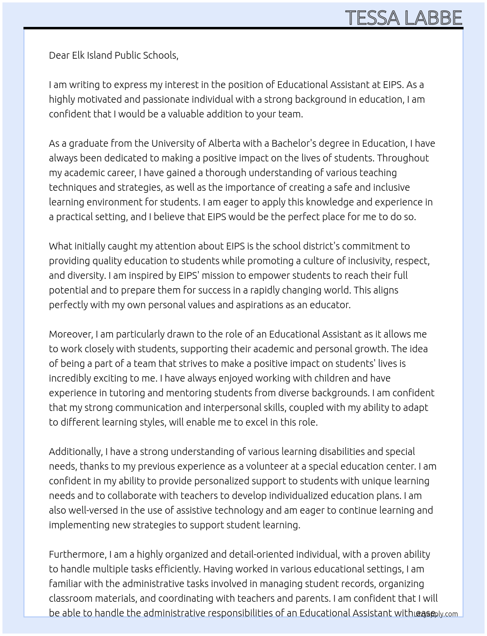 Educational Assistant At EIPS Cover Letter