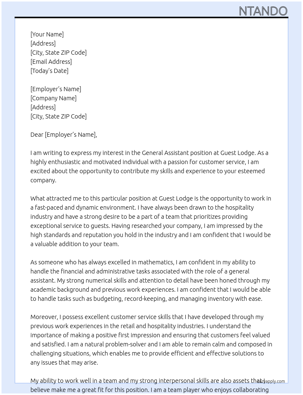 General assistant At Guest lodge Cover Letter