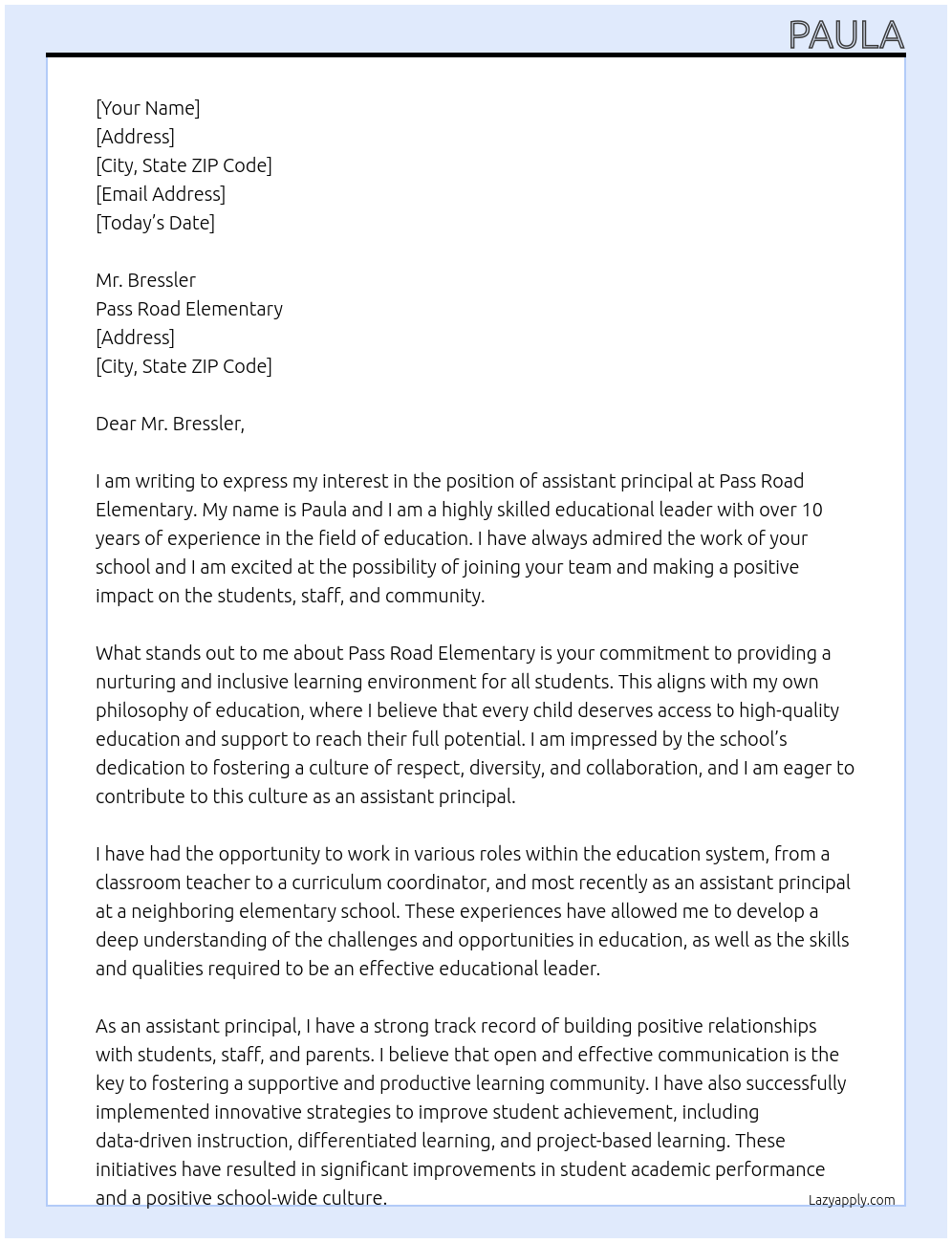 assistant principal At Pass Road Elementary Cover Letter