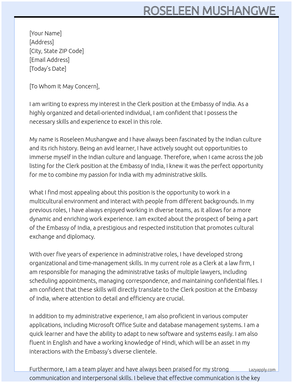 Clerk  At Embassy of India Cover Letter