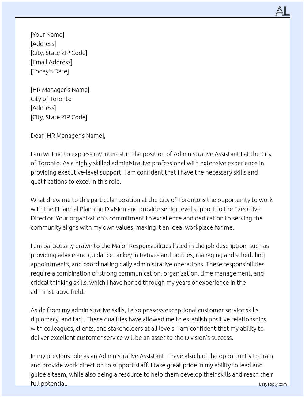 Administrative Assistant I At City of Toronto Cover Letter