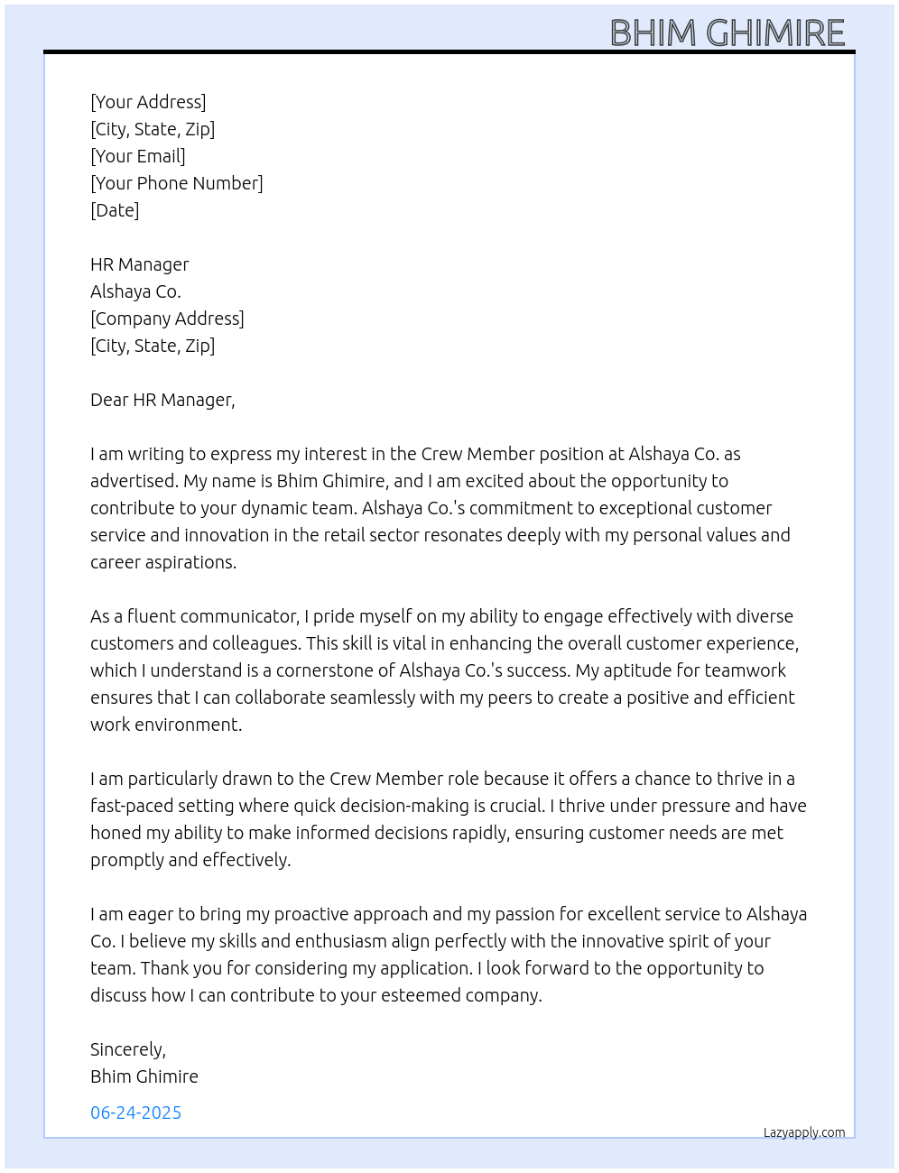 Crew member At Alshaya Co. Cover Letter