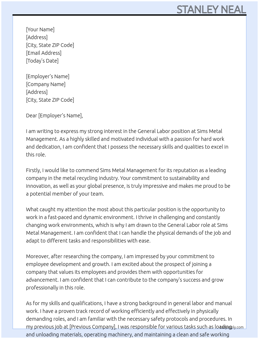 General Labor At Sims Metal Management Cover Letter