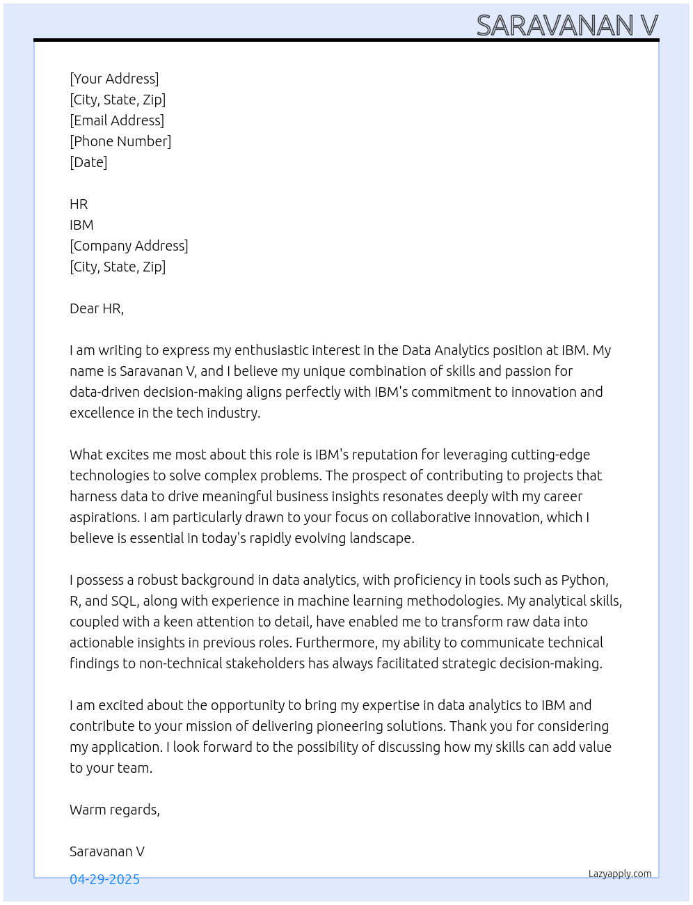 Data Analytics At IBM Cover Letter