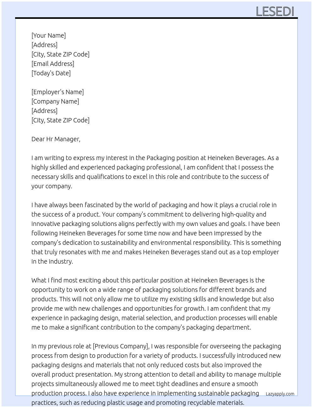 PACKAGING  At HEINEKEN BEVERAGES  Cover Letter