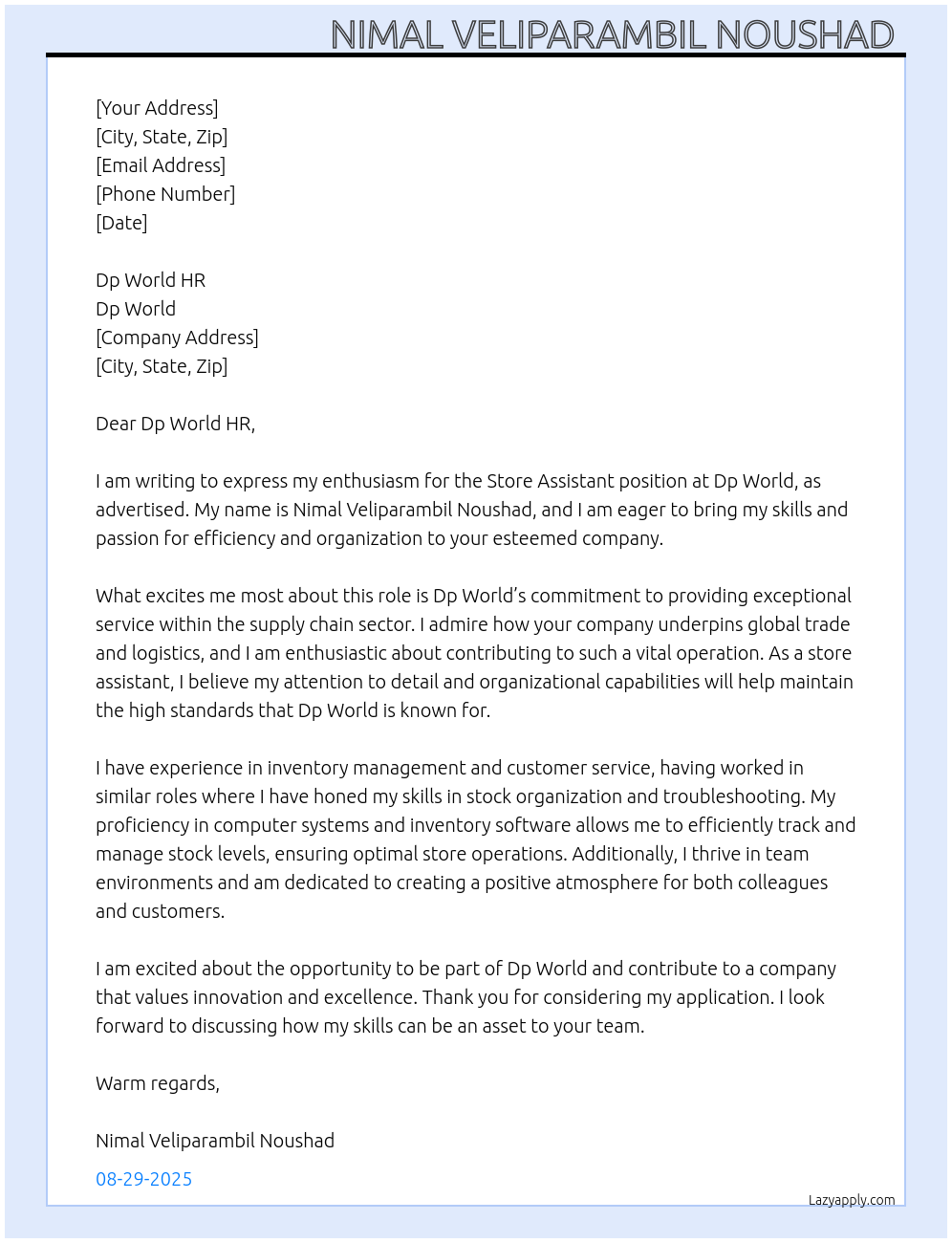 Cover letter for store assistant - LazyApply