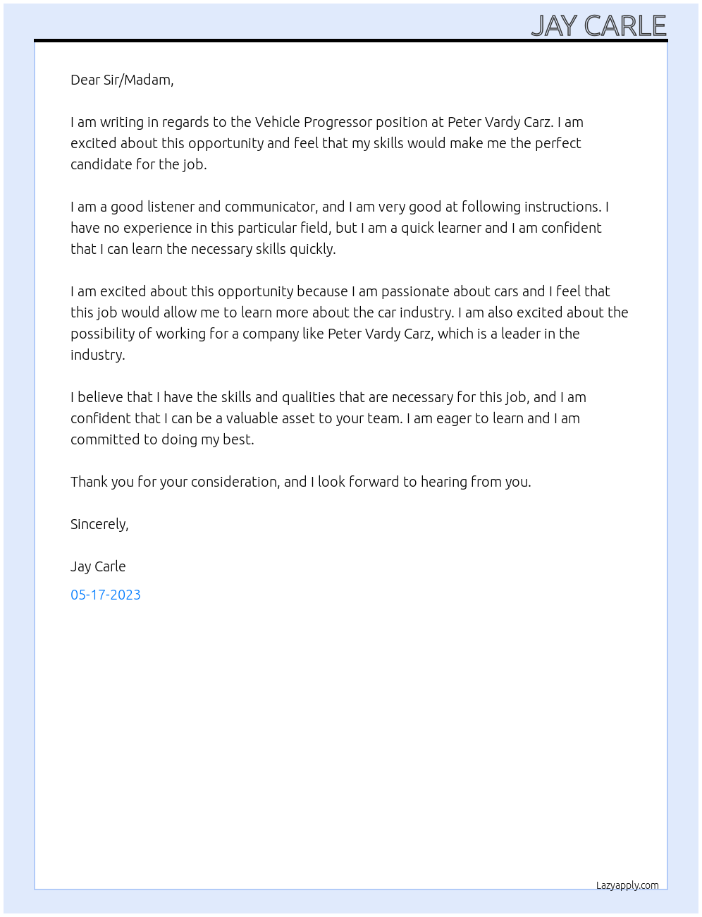 Vehicle Progressor At Peter Vardy Carz Cover Letter