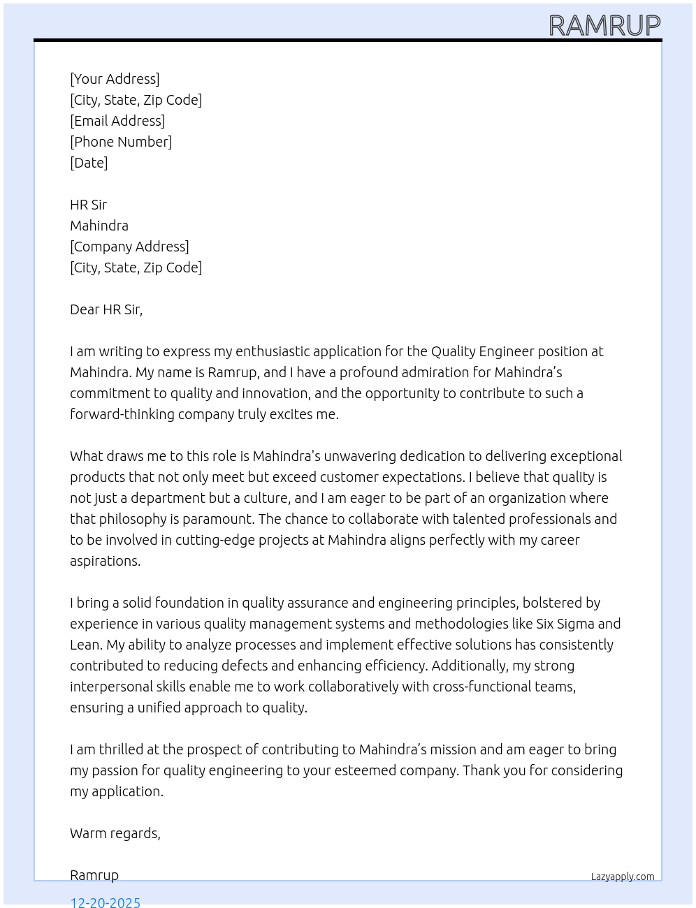 Cover letter for quality engineer - LazyApply