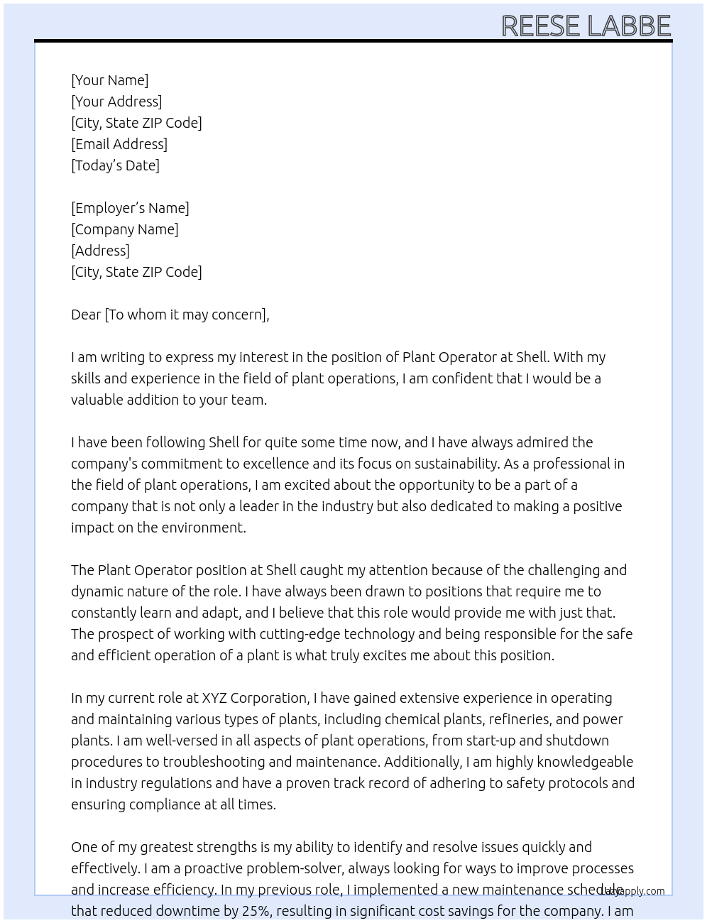 Plant operator At Shell Cover Letter