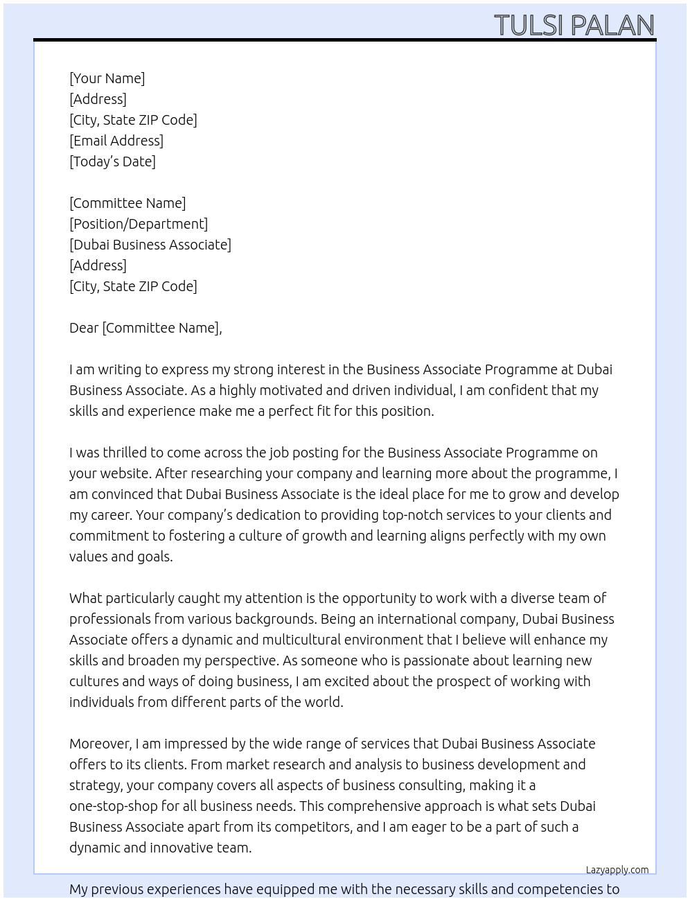 Cover letter for bussiness associate programme - LazyApply