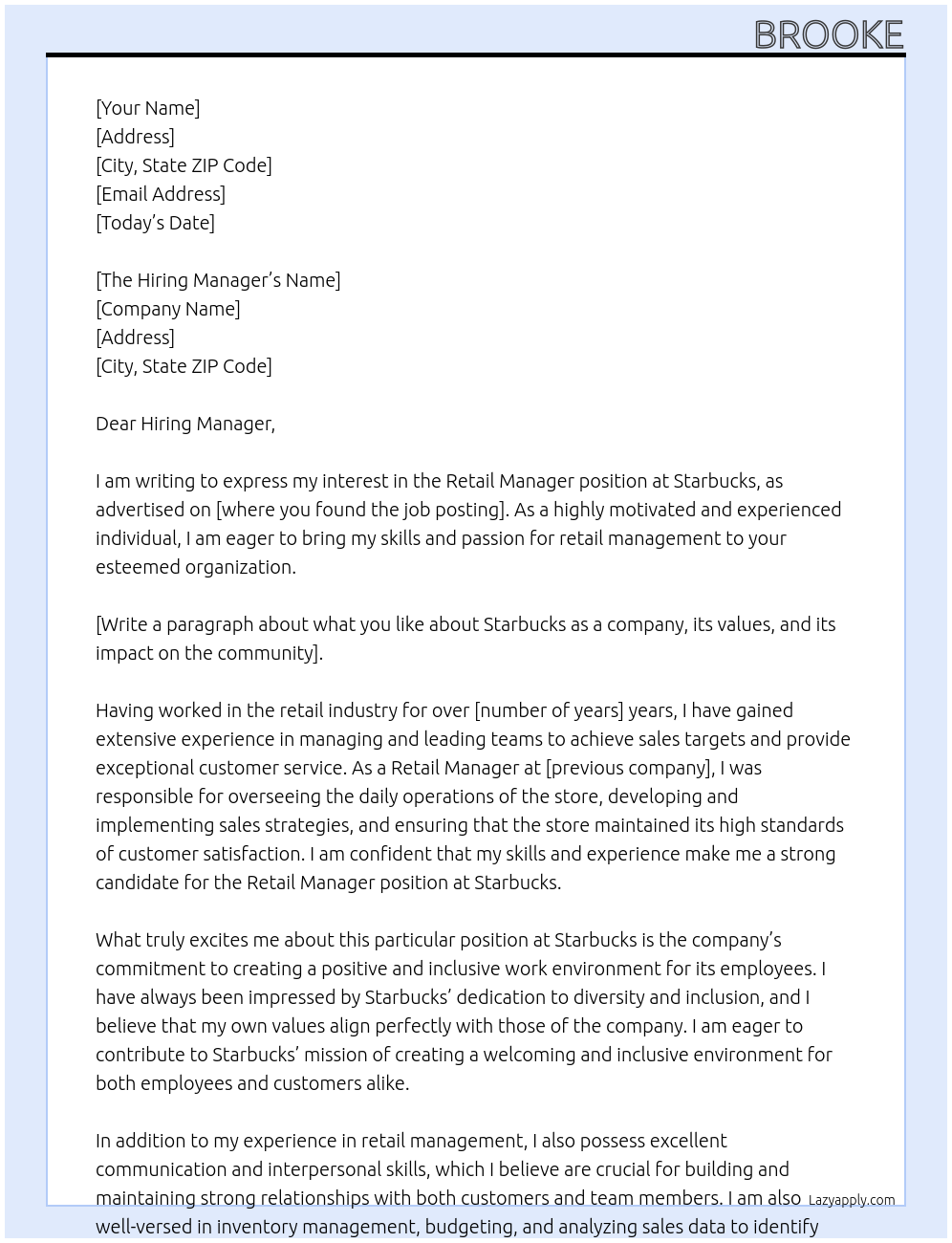 Retail Manager At Starbucks Cover Letter