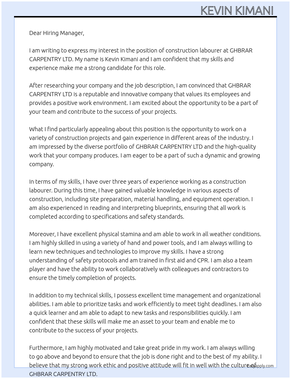 construction labourer At GHBRAR CARPENTRY LTD Cover Letter