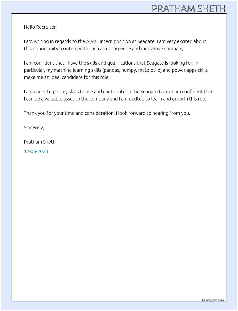 AI/ML intern At Seagate Cover Letter