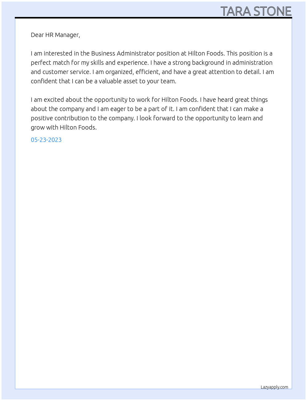 Business Administrator At Hilton Foods Cover Letter