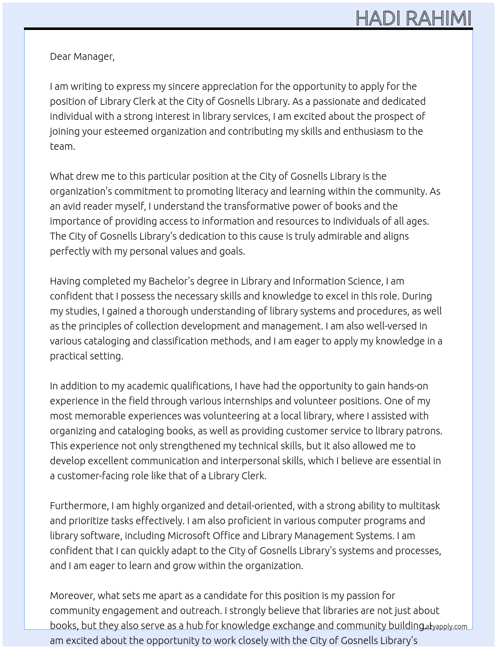 Library Clerk At City of Gosnells Library Cover Letter