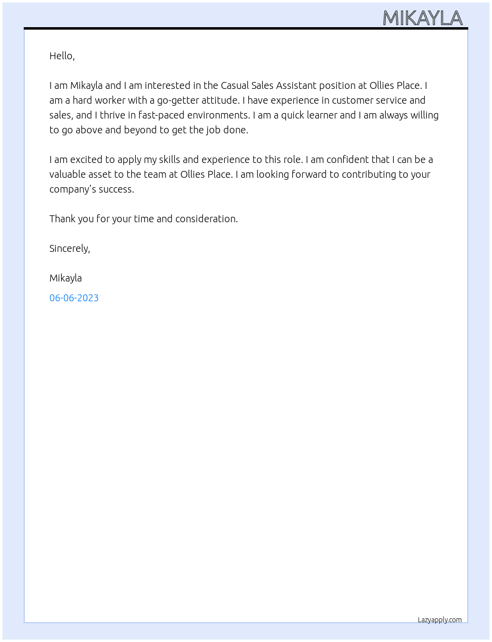 Casual Sales Assistant At Ollies Place Cover Letter