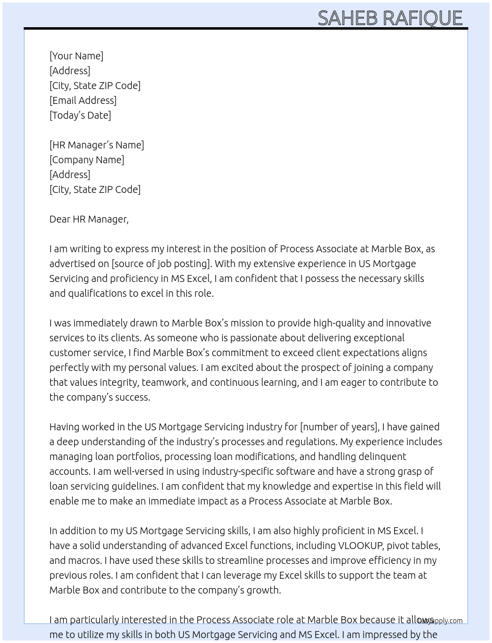 Process Associate At Marble Box Cover Letter