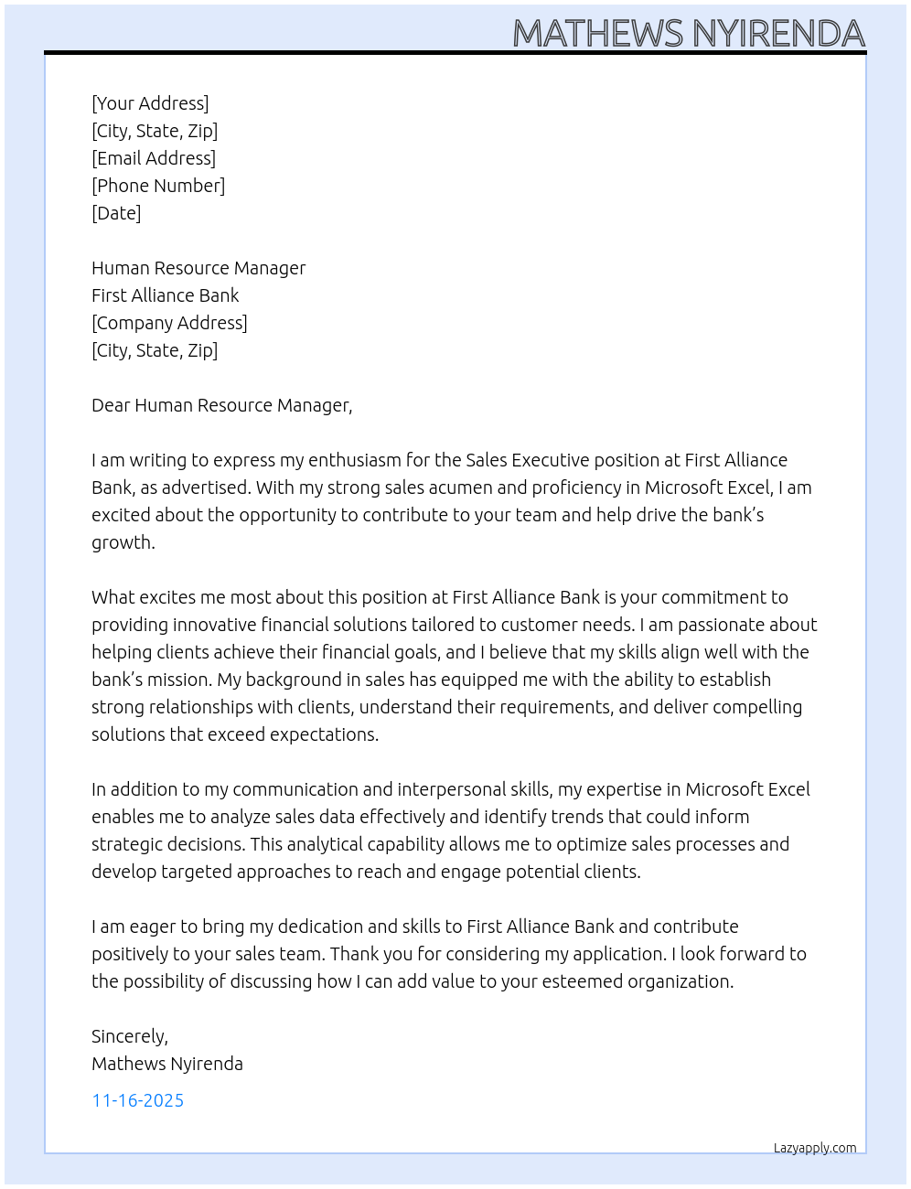 SALES Executive At First alliance Bank Cover Letter