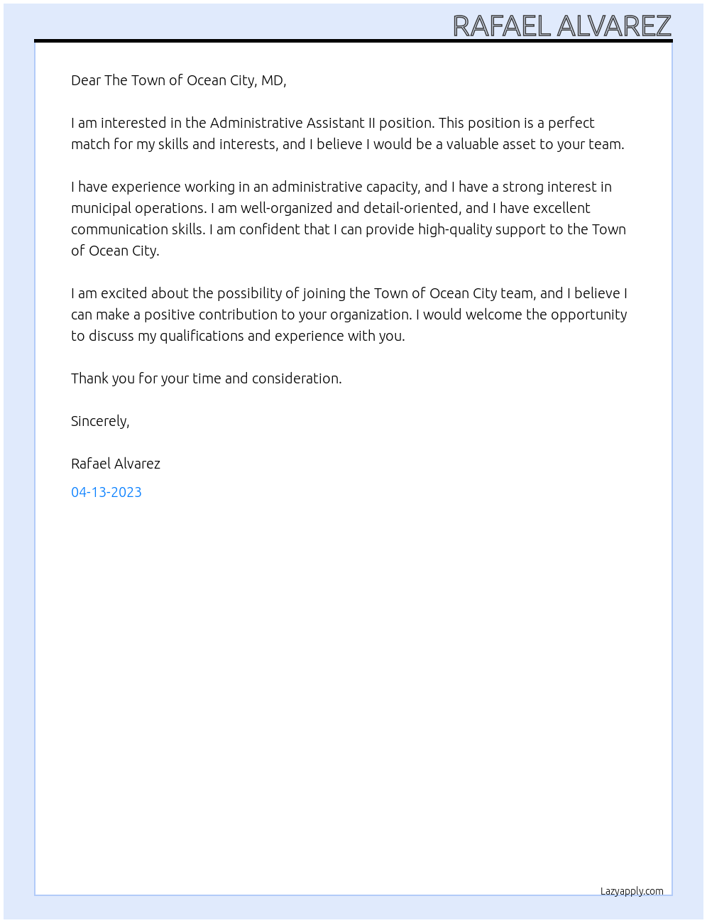 Administrative Assistant II At The Town of Ocean City, MD Cover Letter