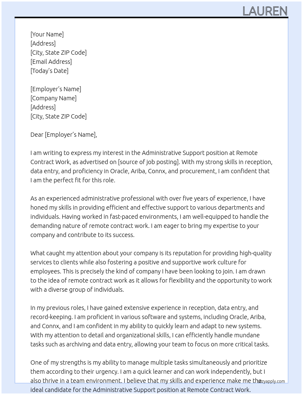 Administrative support At Remote contract work Cover Letter