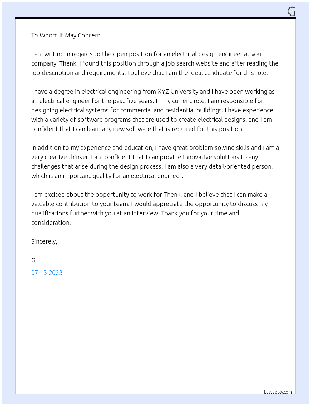 Electrical Design Engineer At Thenk Cover Letter