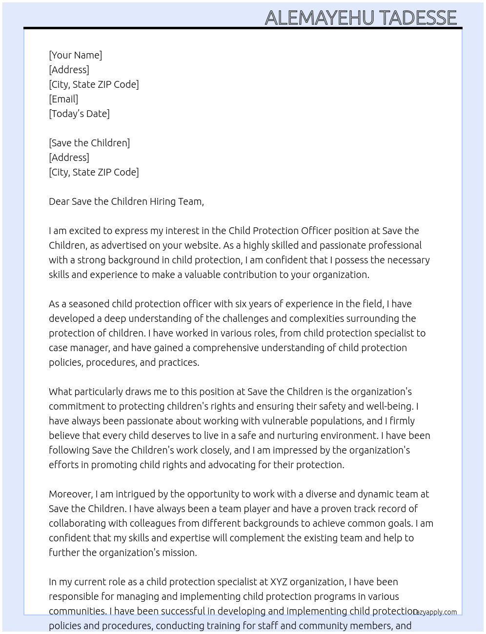 Child protection officer At Save the children Cover Letter