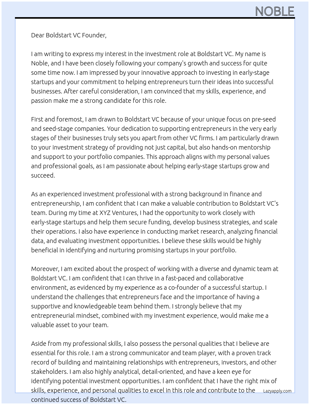 Founder At Boldstart VC Cover Letter
