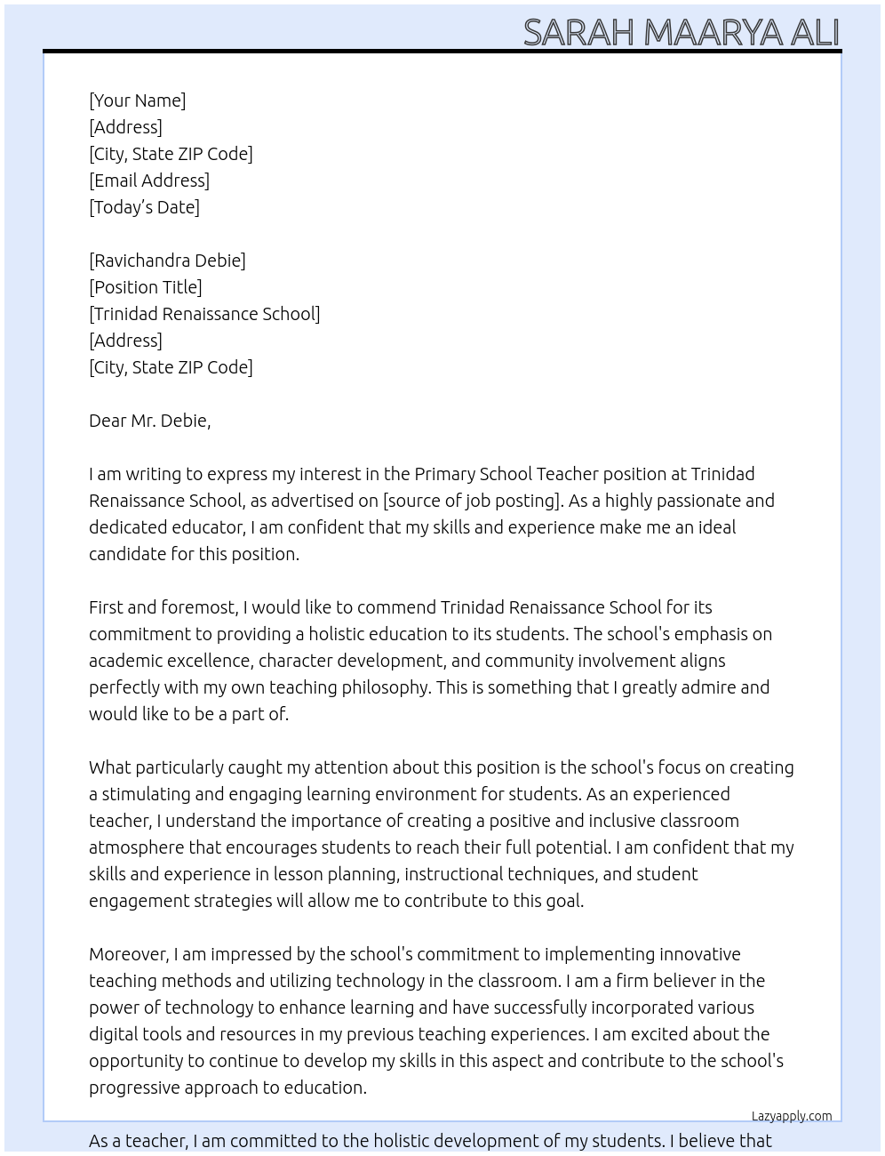 Primary School Teacher At Trinidad Renaissance School Cover Letter