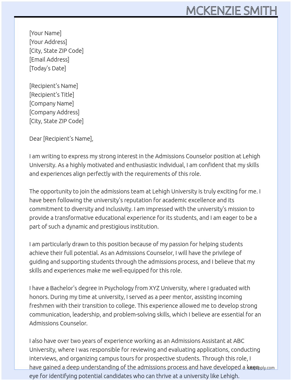 Admissions Counselor At Lehigh University Cover Letter